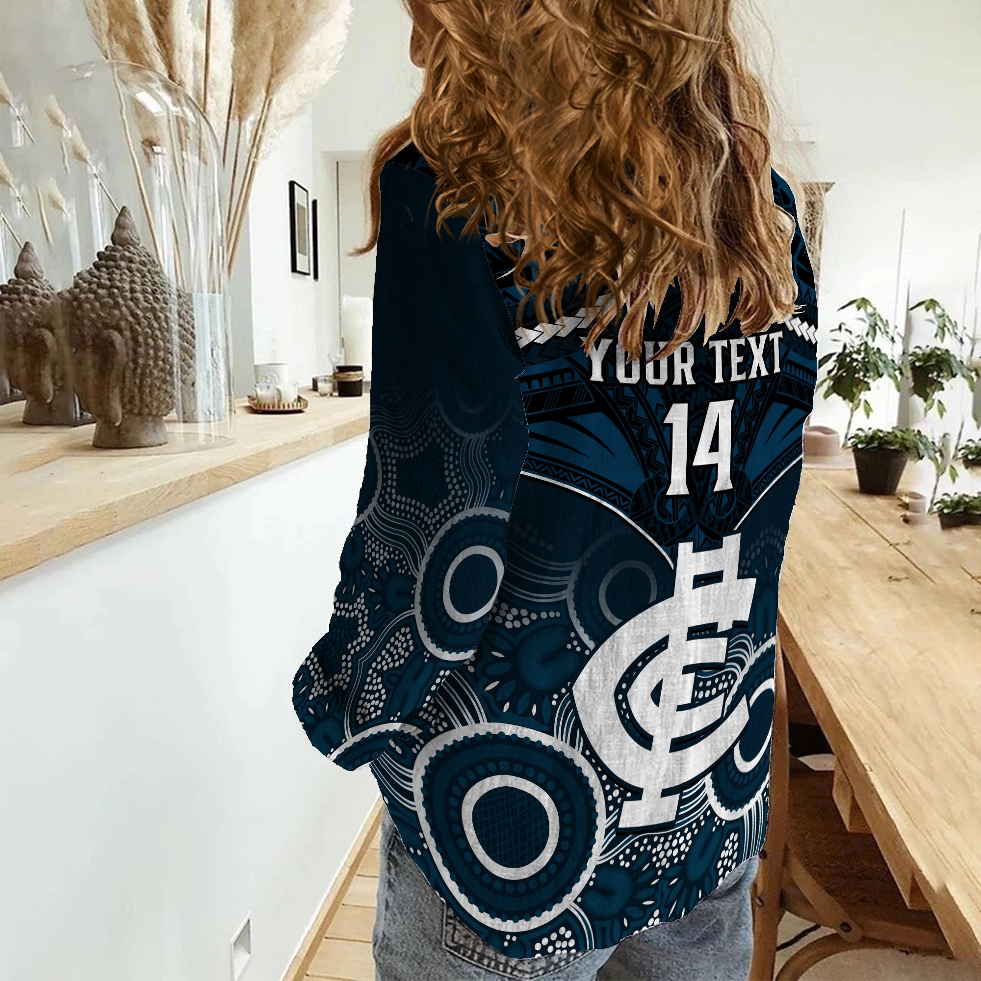 Personalised Carlton Football Women Casual Shirt Blues Aboriginal Mix Polynesian Pattern - Vibe Hoodie Shop