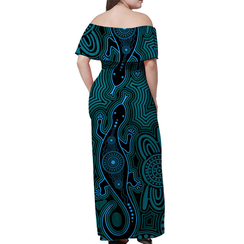 Australia Indigenous With Lizards Off Shoulder Long Dress Turquoise Version - Vibe Hoodie Shop