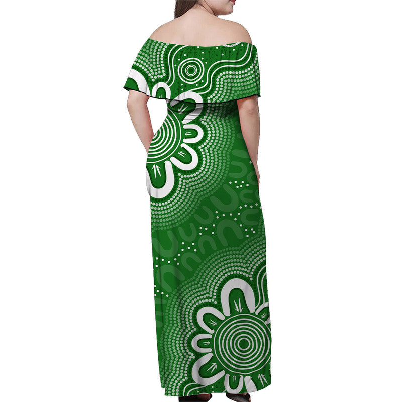 Aussie Off Shoulder Long Dress Green Indigenous Art - Vibe Hoodie Shop