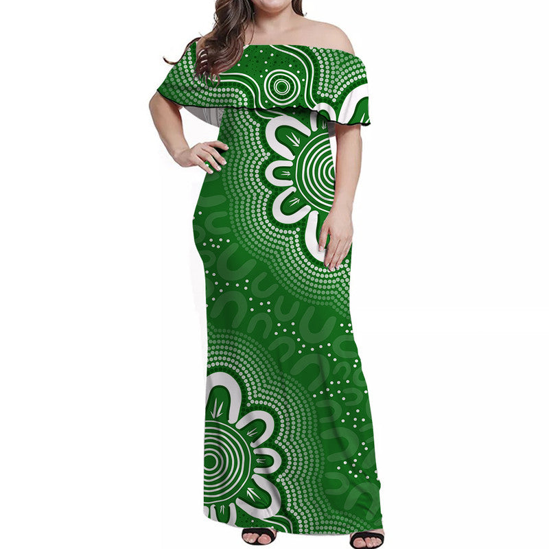 Aussie Off Shoulder Long Dress Green Indigenous Art - Vibe Hoodie Shop