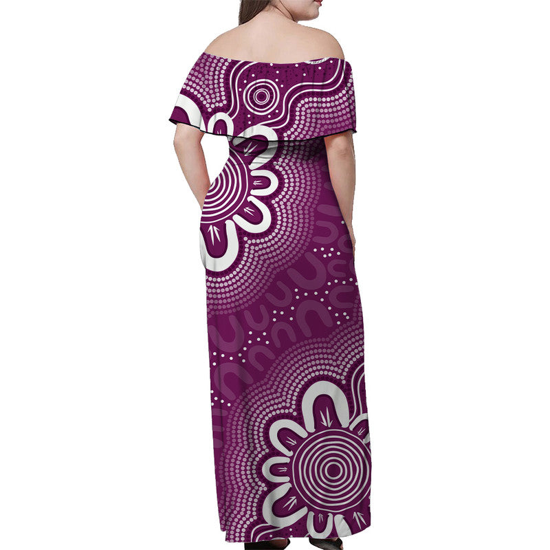 Aussie Off Shoulder Long Dress Purple Indigenous Art - Vibe Hoodie Shop