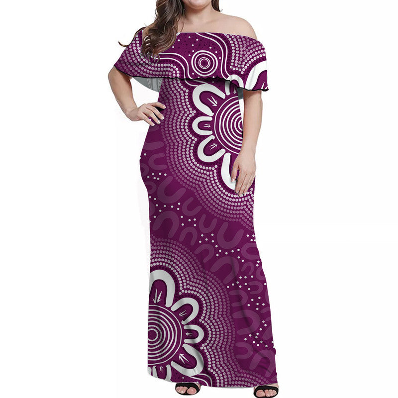 Aussie Off Shoulder Long Dress Purple Indigenous Art - Vibe Hoodie Shop