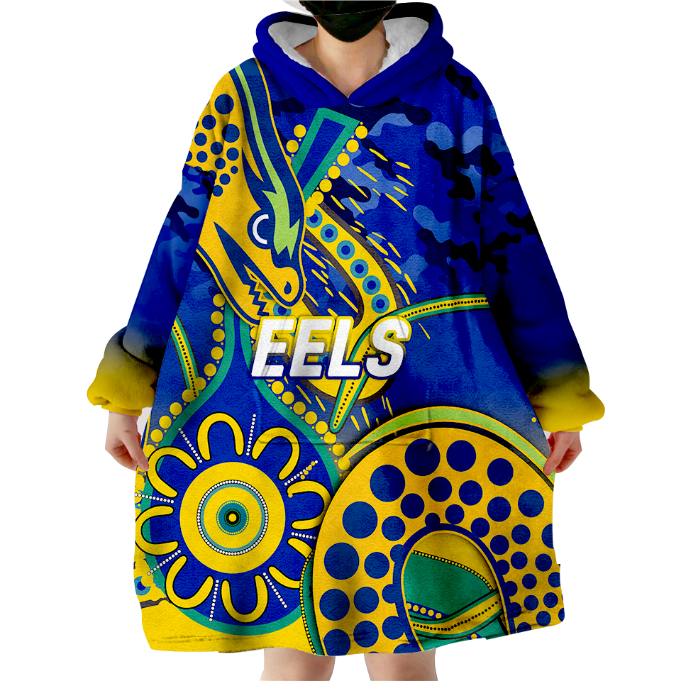 (Custom Personalised) Eels Rugby ANZAC Day Camouflage Indigenous Art Wearable Blanket Hoodie - - Vibe Hoodie Shop