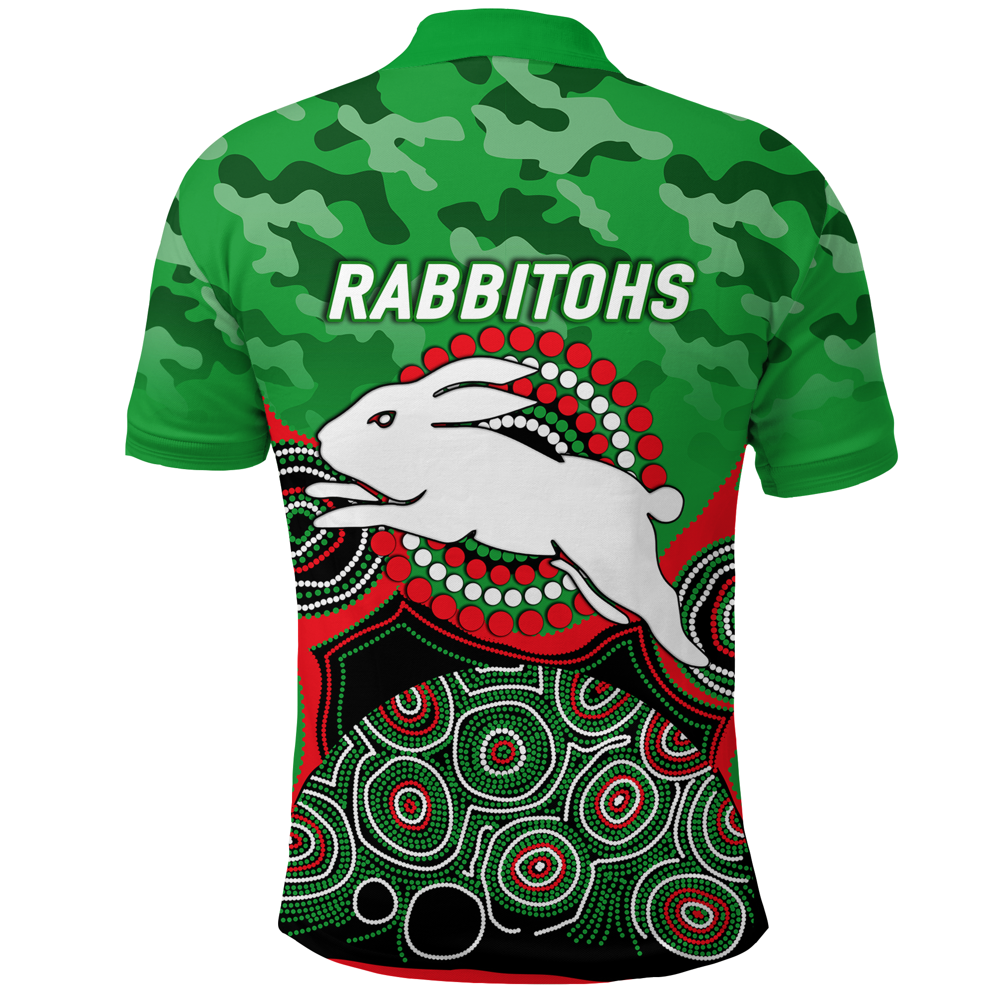 Rabbitohs Rugby ANZAC Day Camouflage Indigenous Art Polo Shirt - - Vibe Hoodie Shop