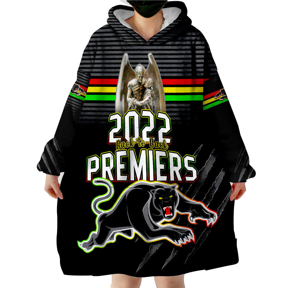 (Custom Text and Number) Panthers Proud Wearable Blanket Hoodie Back to Back Premiers 2022 Version Black - Vibe Hoodie Shop