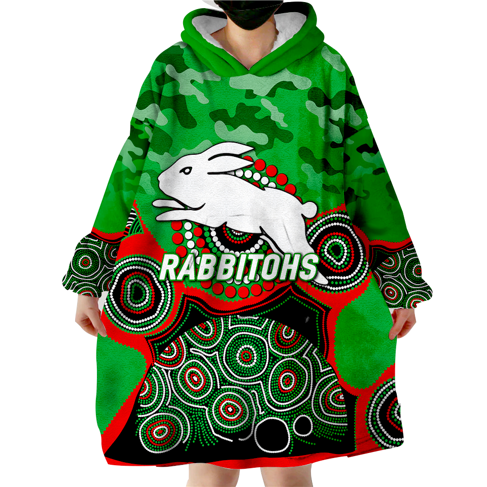 (Custom Personalised) Rabbitohs Rugby ANZAC Day Camouflage Indigenous Art Wearable Blanket Hoodie - - Vibe Hoodie Shop