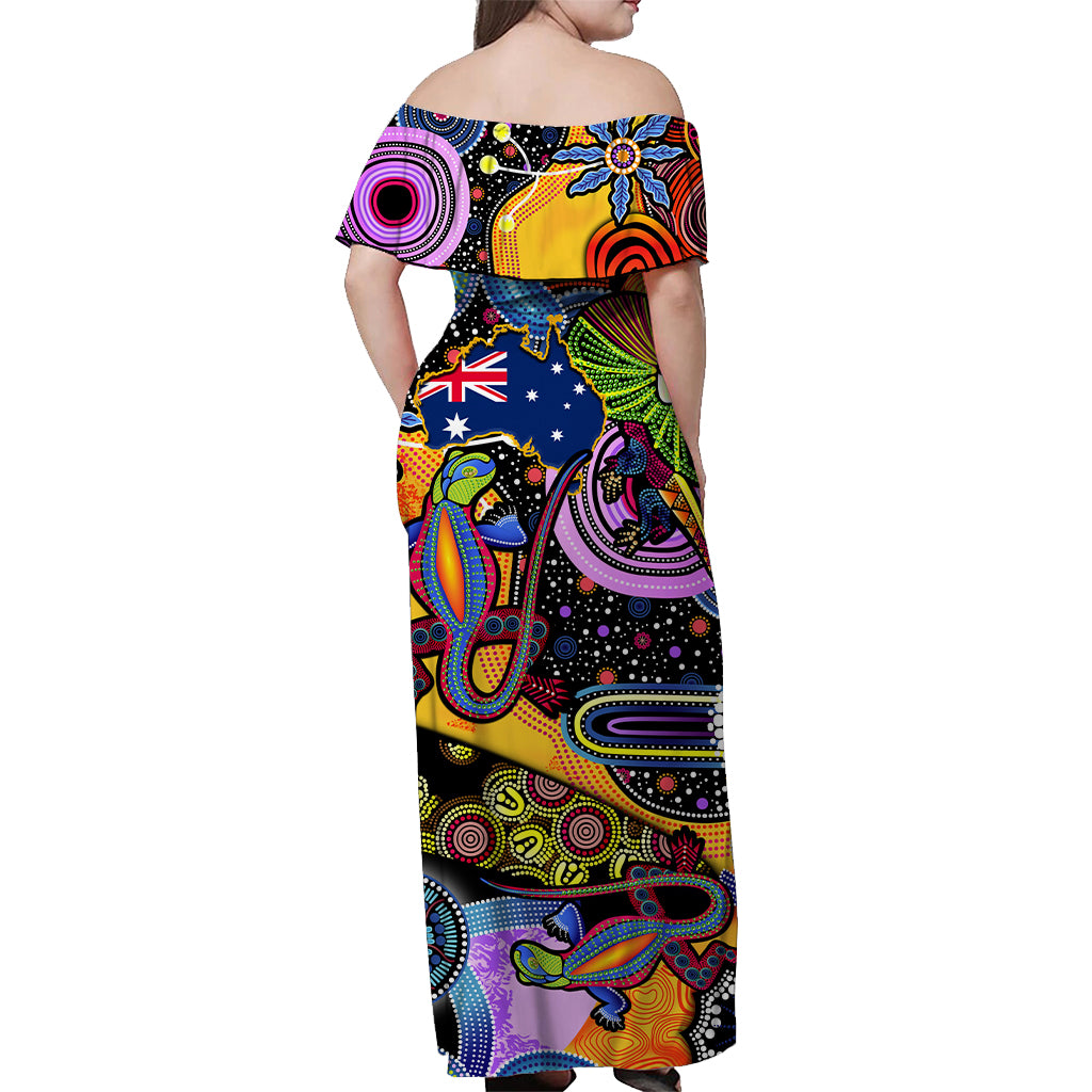 Australia Off Shoulder Long Dress Indigenous Animal Artsy - Vibe Hoodie Shop