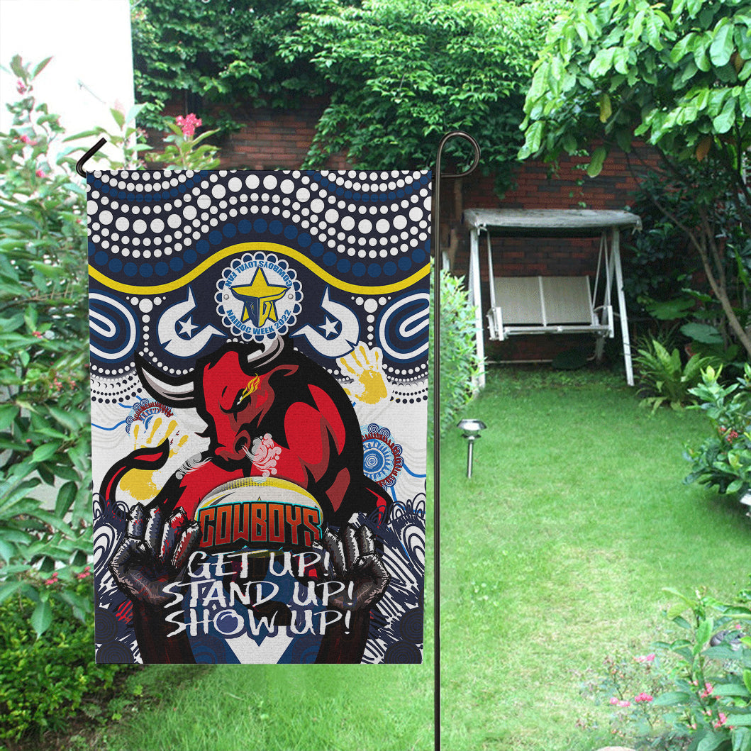 Cowboys Rugby Naidoc Week Flag - Custom Indigenous North Queensland Cowboys Getting Up, Standing Up, and Showing Up Flag - Vibe Hoodie Shop