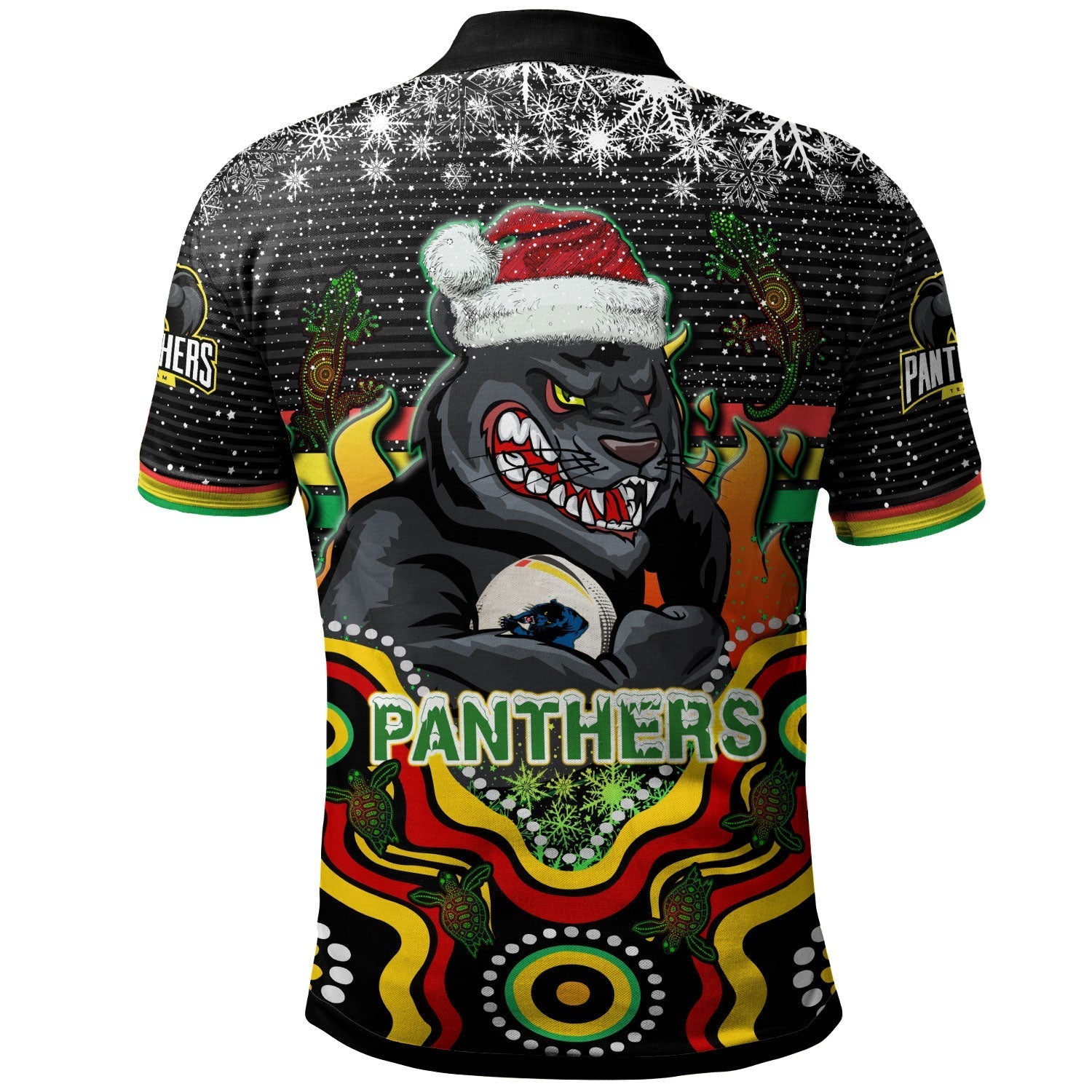 Panthers Rugby Christmas Polo Shirt - Custom Christmas Indigenous Penrith Panthers Personalised Name And Number Polo Shirt - Vibe Hoodie Shop