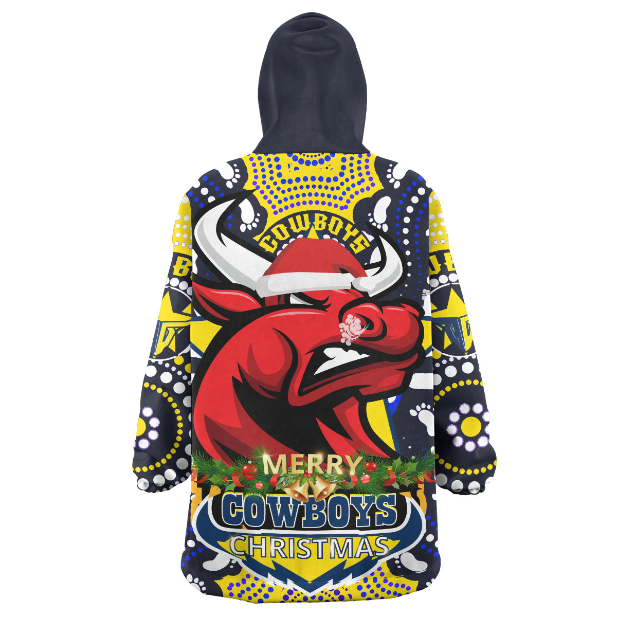 Cowboys Rugby Christmas Custom Snug Hoodie - Merry Christmas North Queensland Cowboys With Aboriginal Dot Art Painting Footprints Wearable Blanket Hoodie - Vibe Hoodie Shop