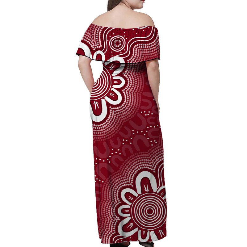 Aussie Off Shoulder Long Dress Red Indigenous Art - Vibe Hoodie Shop