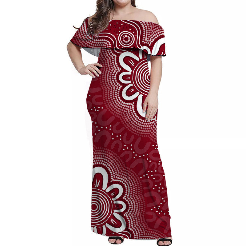 Aussie Off Shoulder Long Dress Red Indigenous Art - Vibe Hoodie Shop