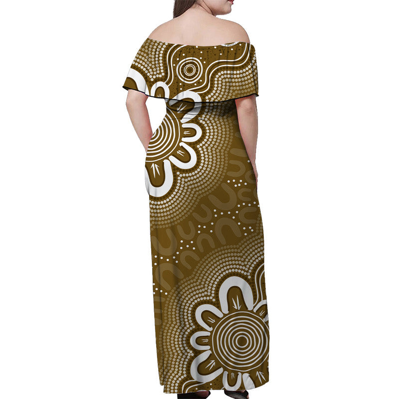 Aussie Off Shoulder Long Dress Gold Indigenous Art - Vibe Hoodie Shop