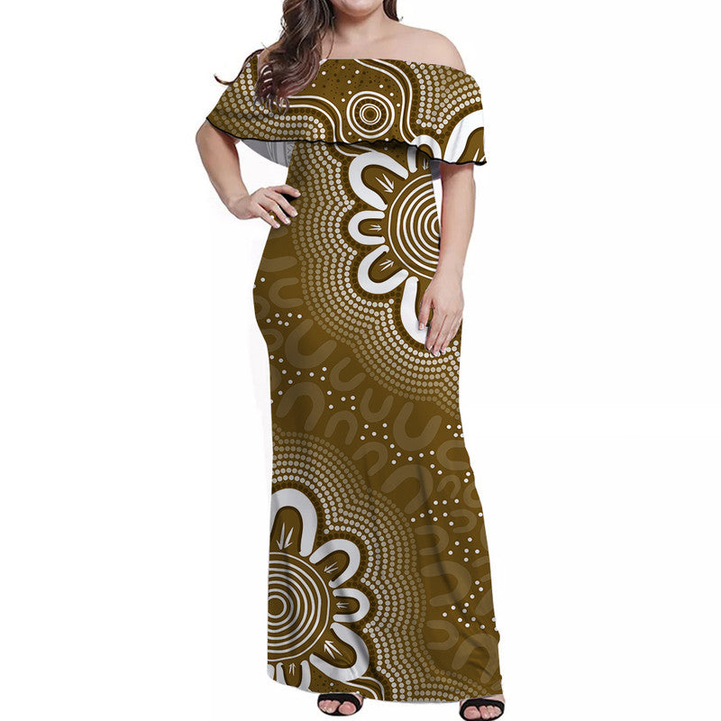 Aussie Off Shoulder Long Dress Gold Indigenous Art - Vibe Hoodie Shop