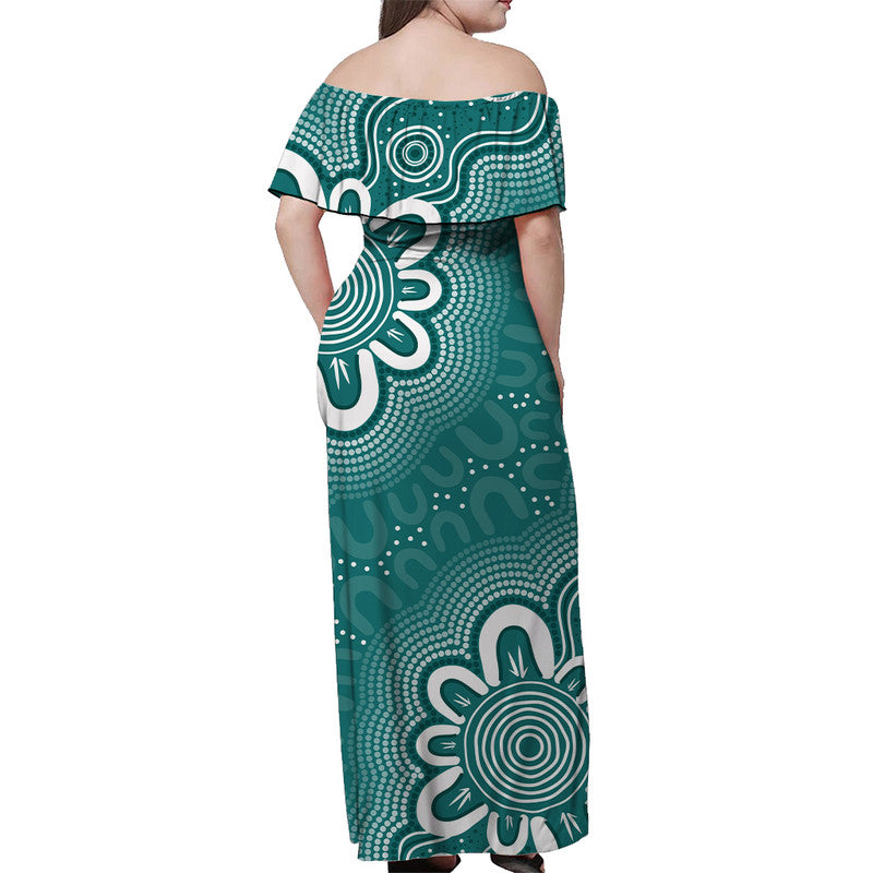 Aussie Off Shoulder Long Dress Turquoise Indigenous Art - Vibe Hoodie Shop