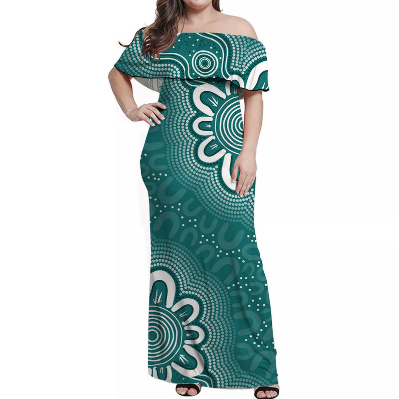 Aussie Off Shoulder Long Dress Turquoise Indigenous Art - Vibe Hoodie Shop