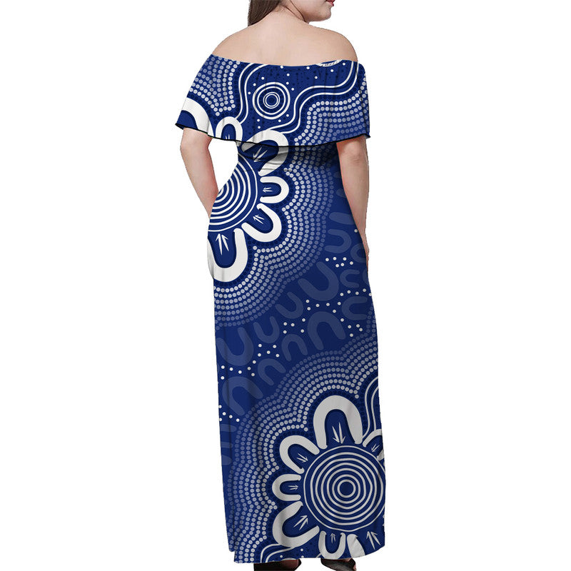 Aussie Off Shoulder Long Dress Blue Indigenous Art - Vibe Hoodie Shop