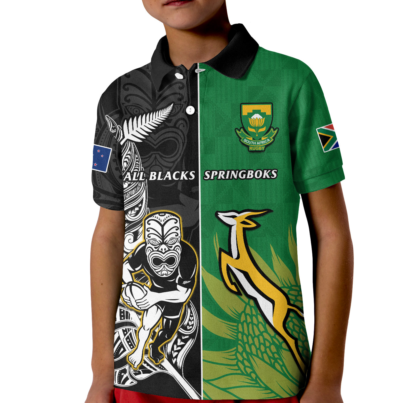 (Custom Personalised) New Zealand And South Africa Rugby Polo Shirt KID All Black Maori Mix Springboks - Vibe Hoodie Shop