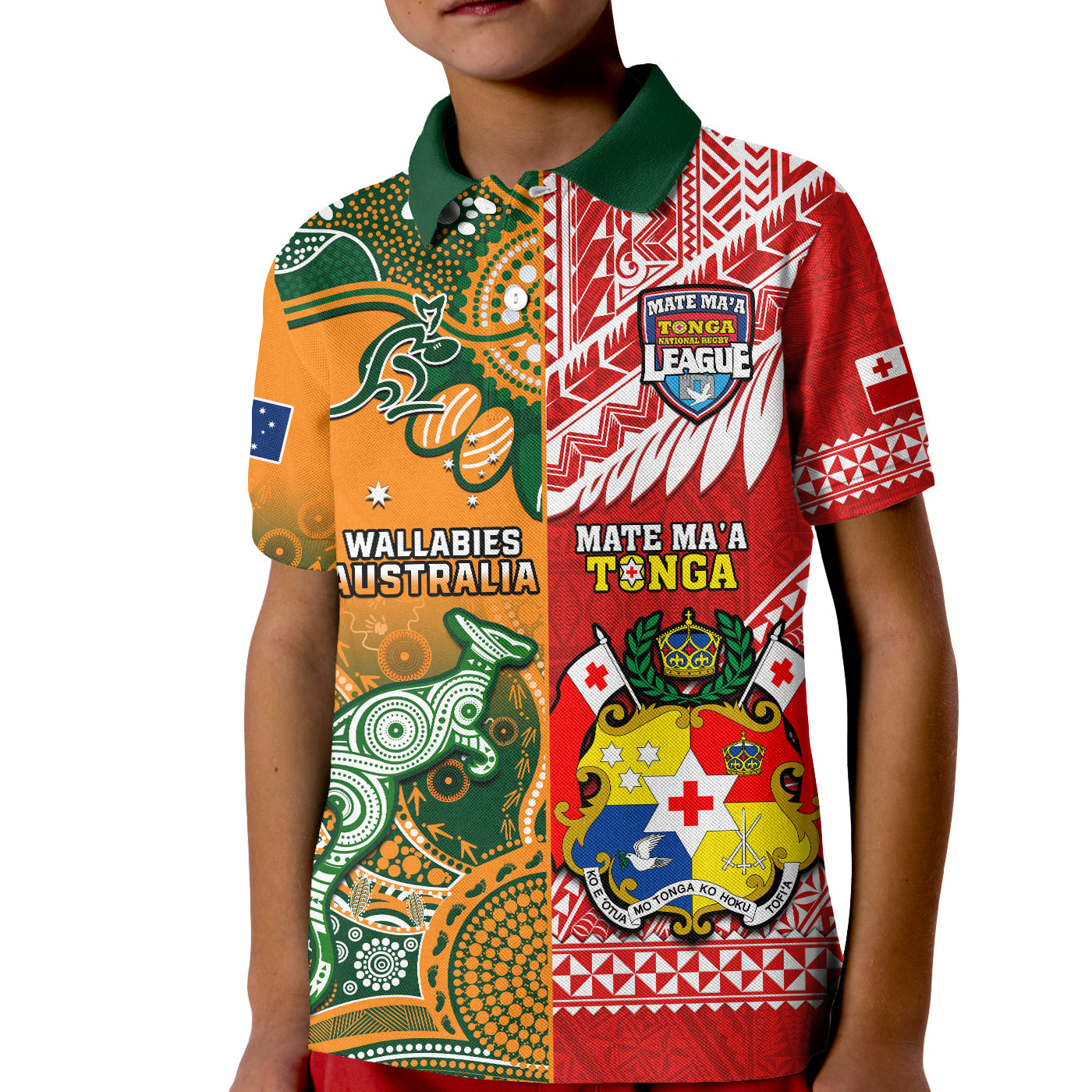 (Custom Personalised) Mate Maa Tonga And Wallabies Rugby Polo Shirt KID Polynesian Mix Aboriginal - Vibe Hoodie Shop