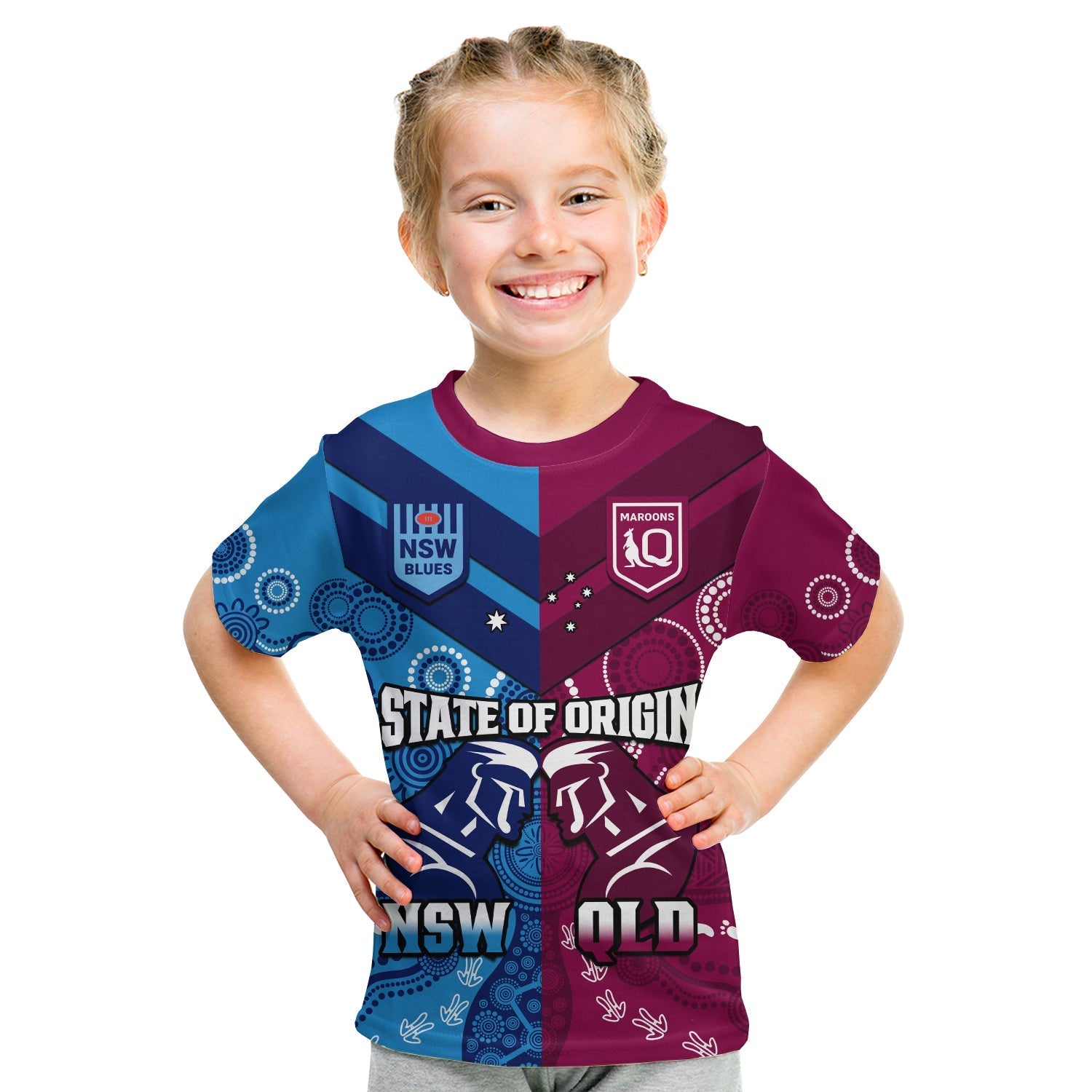 QLD Maroons And NSW Blues Rugby T Shirt KID State of Origin Indigenous - Vibe Hoodie Shop
