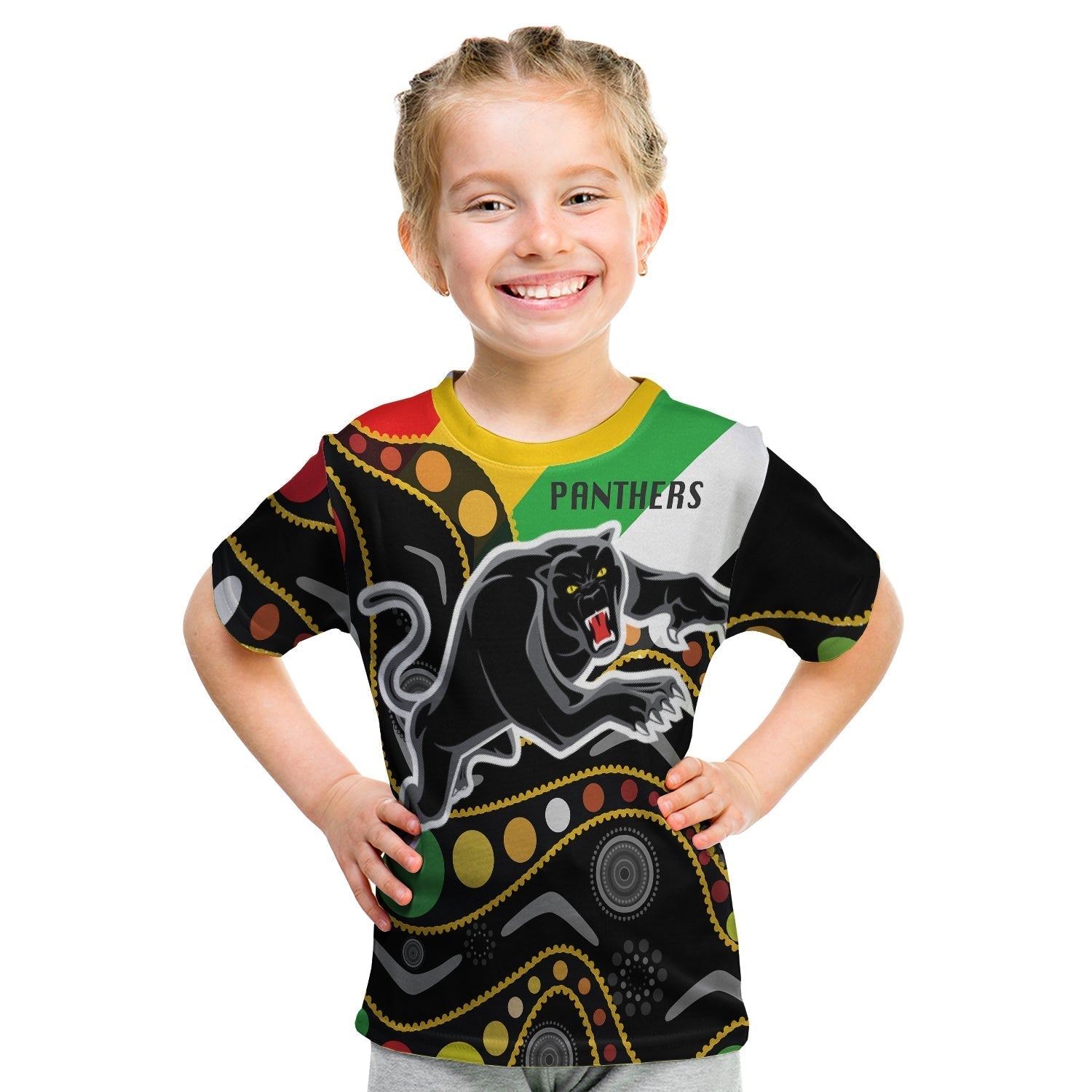 Penrith Panthers T shirt Kid - Panther With Colors NAIDOC Patterns - LT20 - Vibe Hoodie Shop