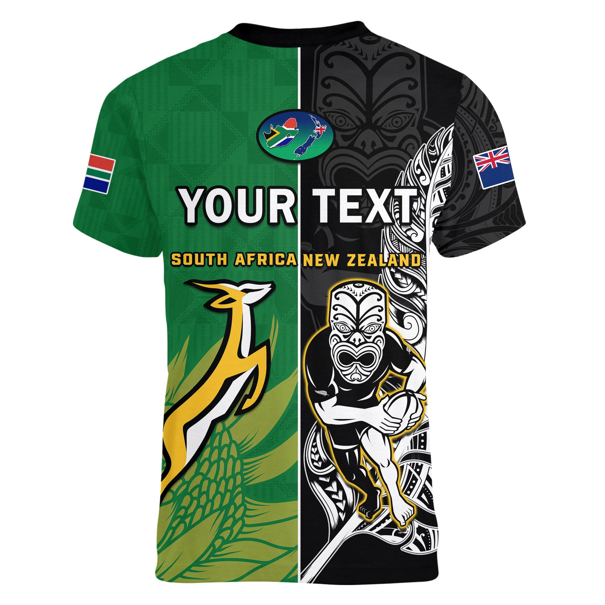 (Custom Personalised) New Zealand And South Africa Rugby V-Neck T Shirt All Black Maori Mix Springboks - Vibe Hoodie Shop