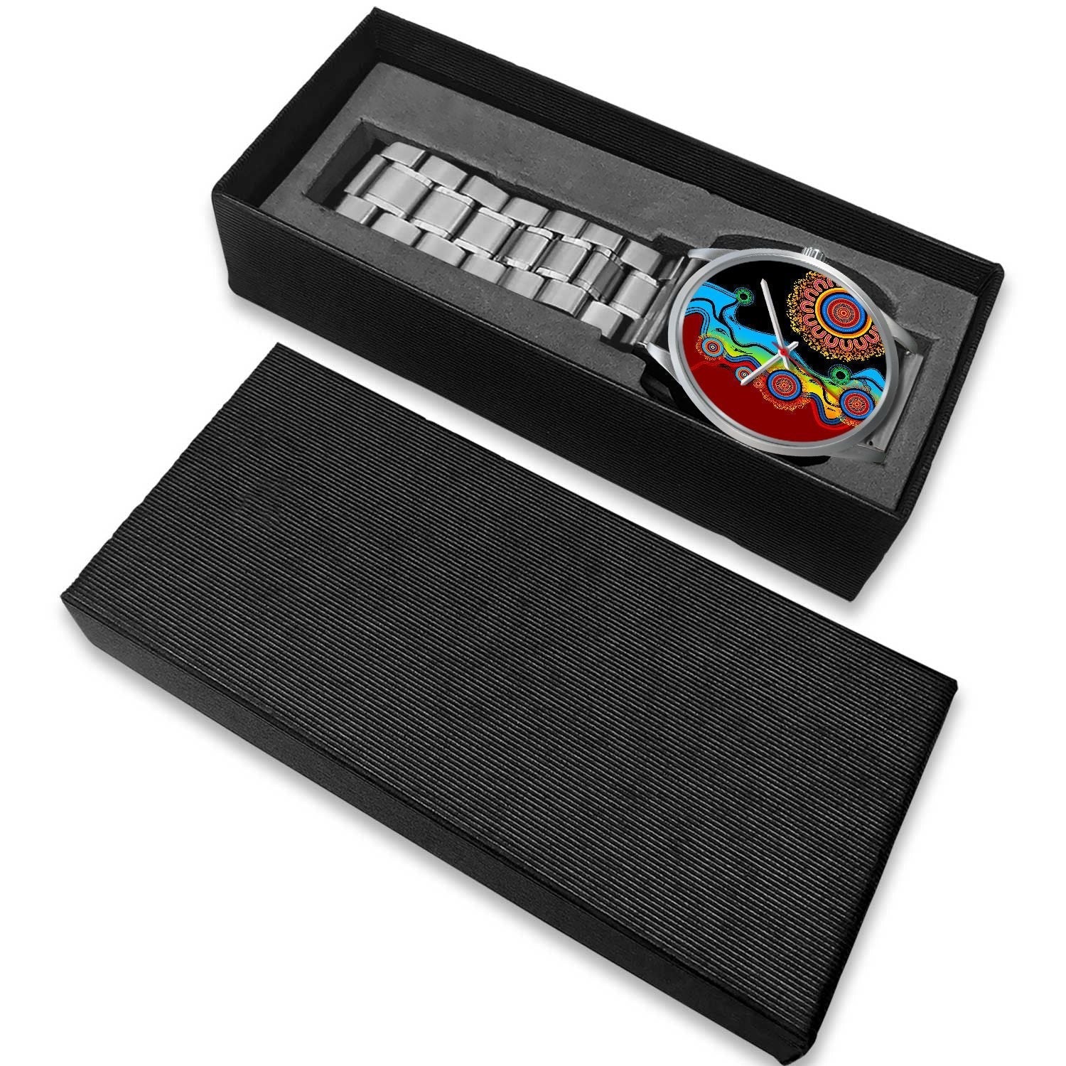 Aboriginal Watch, Indigenous Art Circle Patterns Blue Dream Silver Watch