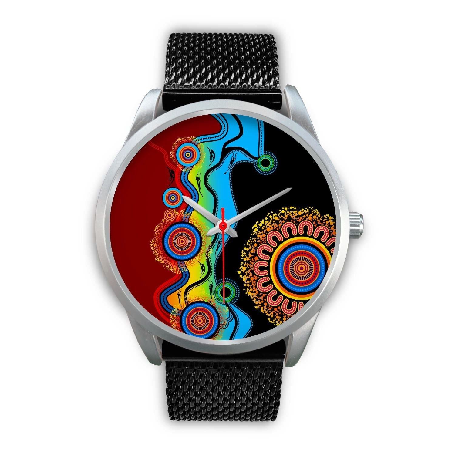 Aboriginal Watch, Indigenous Art Circle Patterns Blue Dream Silver Watch
