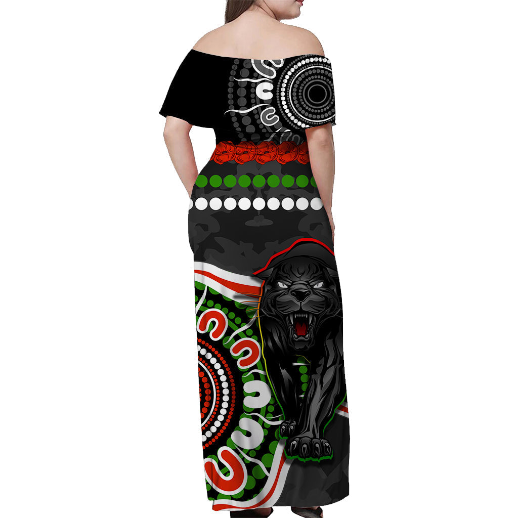 Panthers ANZAC Day Off Shoulder Long Dress Aboriginal Lest We Forget Ver.01 - Vibe Hoodie Shop