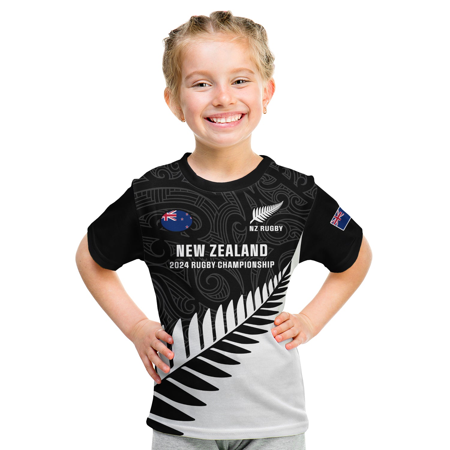 New Zealand Silver Fern Rugby Kid T Shirt All Black 2023 Go Champions Maori Pattern - Vibe Hoodie Shop