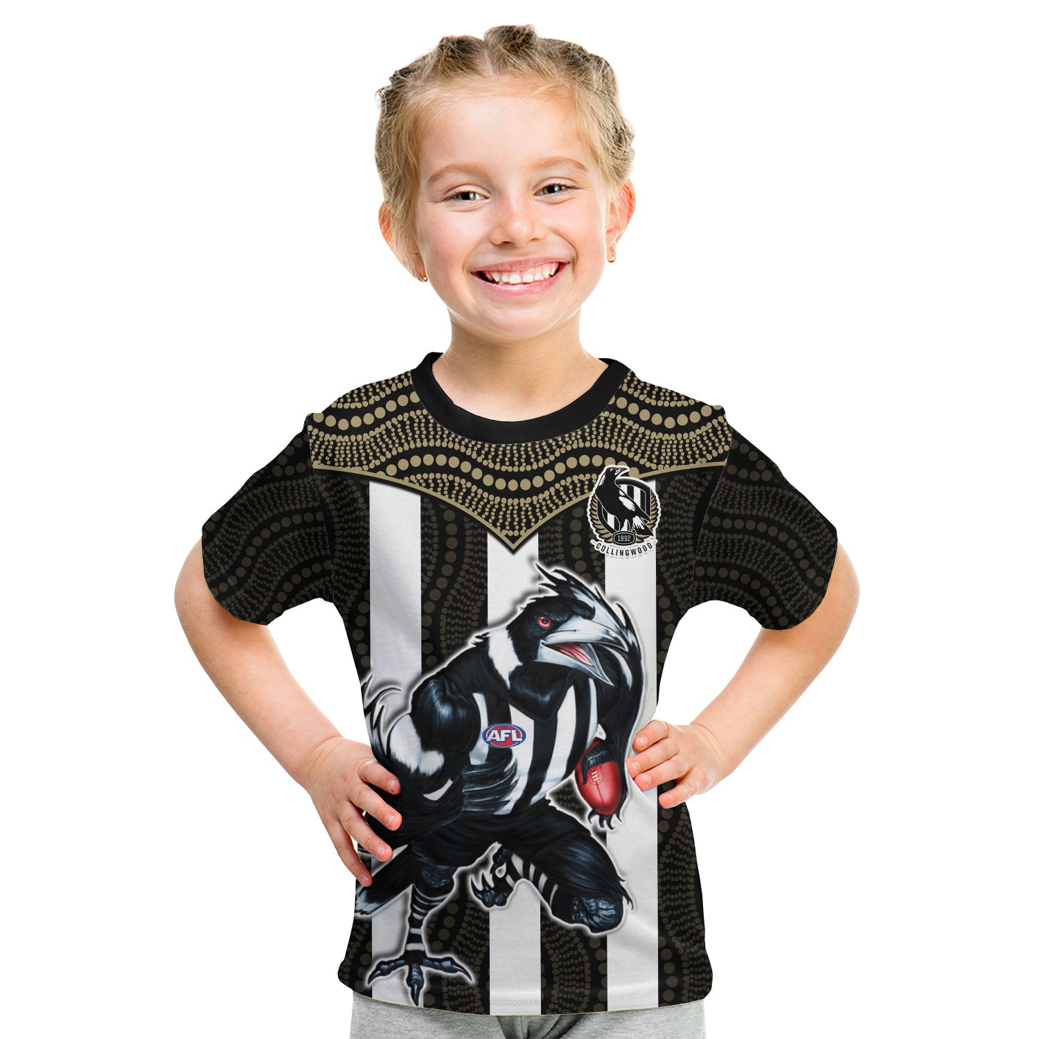 (Custom Text And Number) Magpies Football T Shirt KID Collingwood 1892 Indigenous Sporty Style - Vibe Hoodie Shop