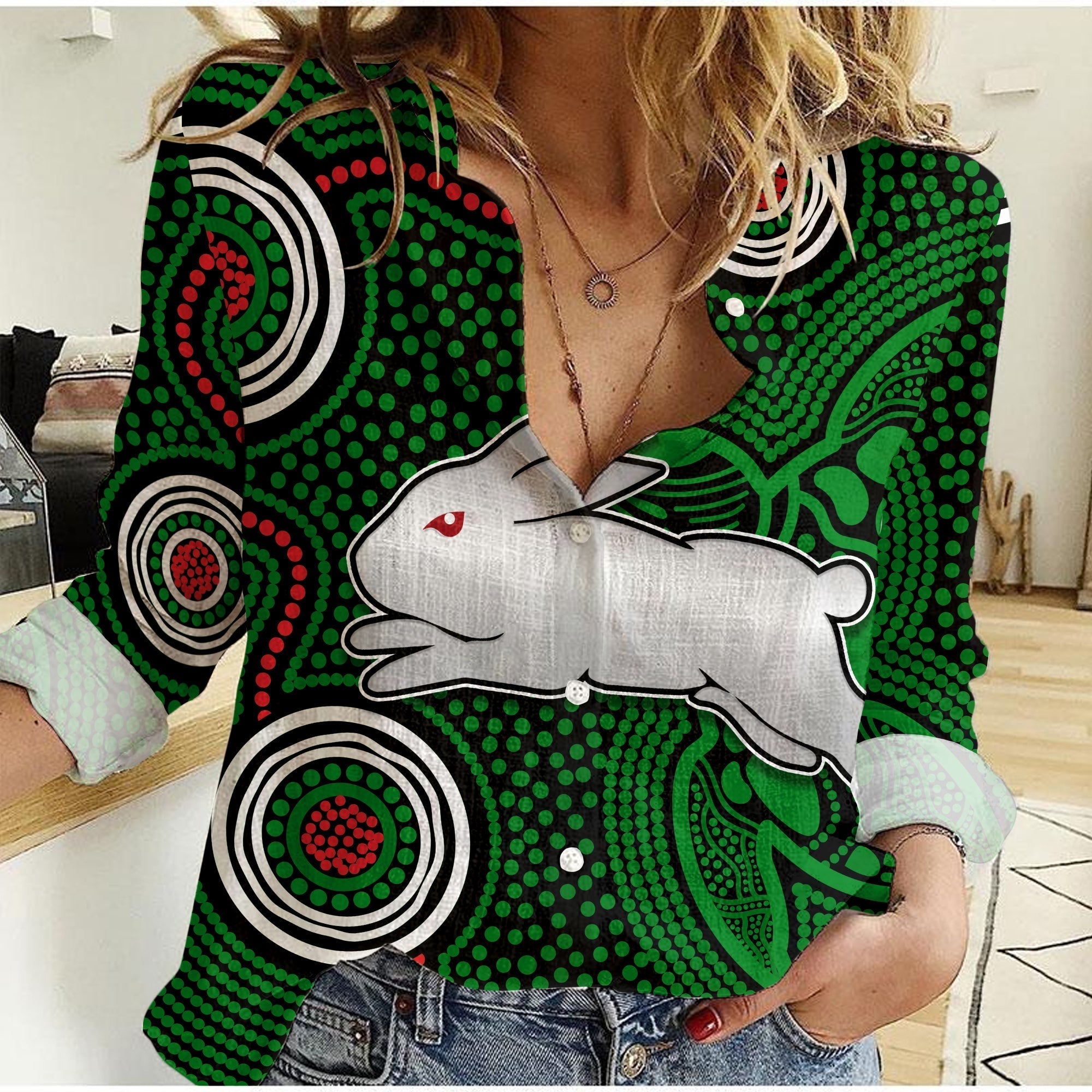 (Custom Personalised) Rabbitohs Indigenous Women Casual Shirt Simple Green - Vibe Hoodie Shop