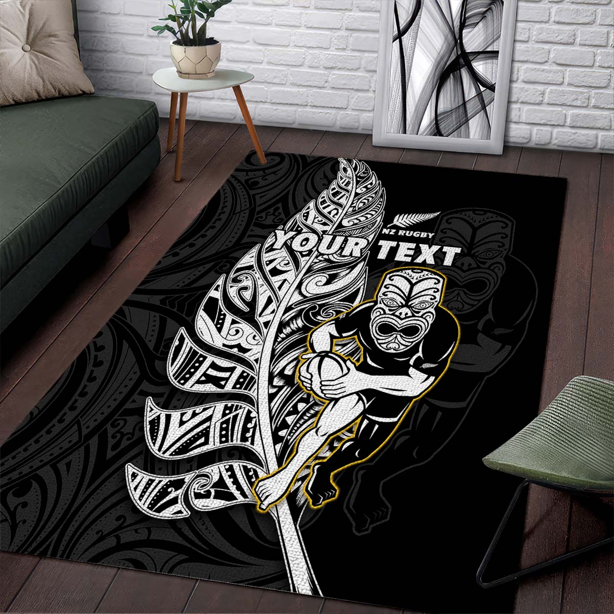 (Custom Personalised) New Zealand Silver Fern Rugby Area Rug All Black Maori Version Black - Vibe Hoodie Shop