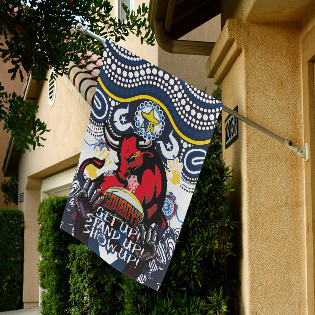 Cowboys Rugby Naidoc Week Flag - Custom Indigenous North Queensland Cowboys Getting Up, Standing Up, and Showing Up Flag - Vibe Hoodie Shop