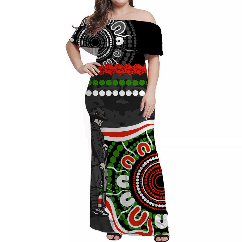 Panthers ANZAC Day Off Shoulder Long Dress Aboriginal Lest We Forget Ver.01 - Vibe Hoodie Shop