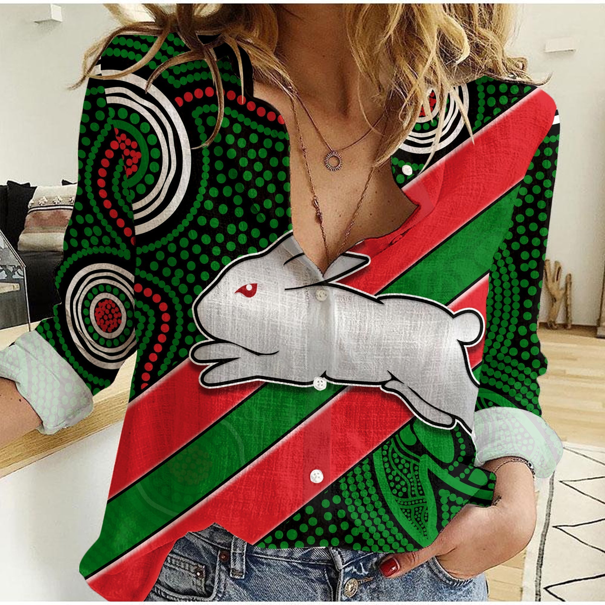 (Custom Personalised) Rabbitohs Indigenous Women Casual Shirt Brave - Vibe Hoodie Shop