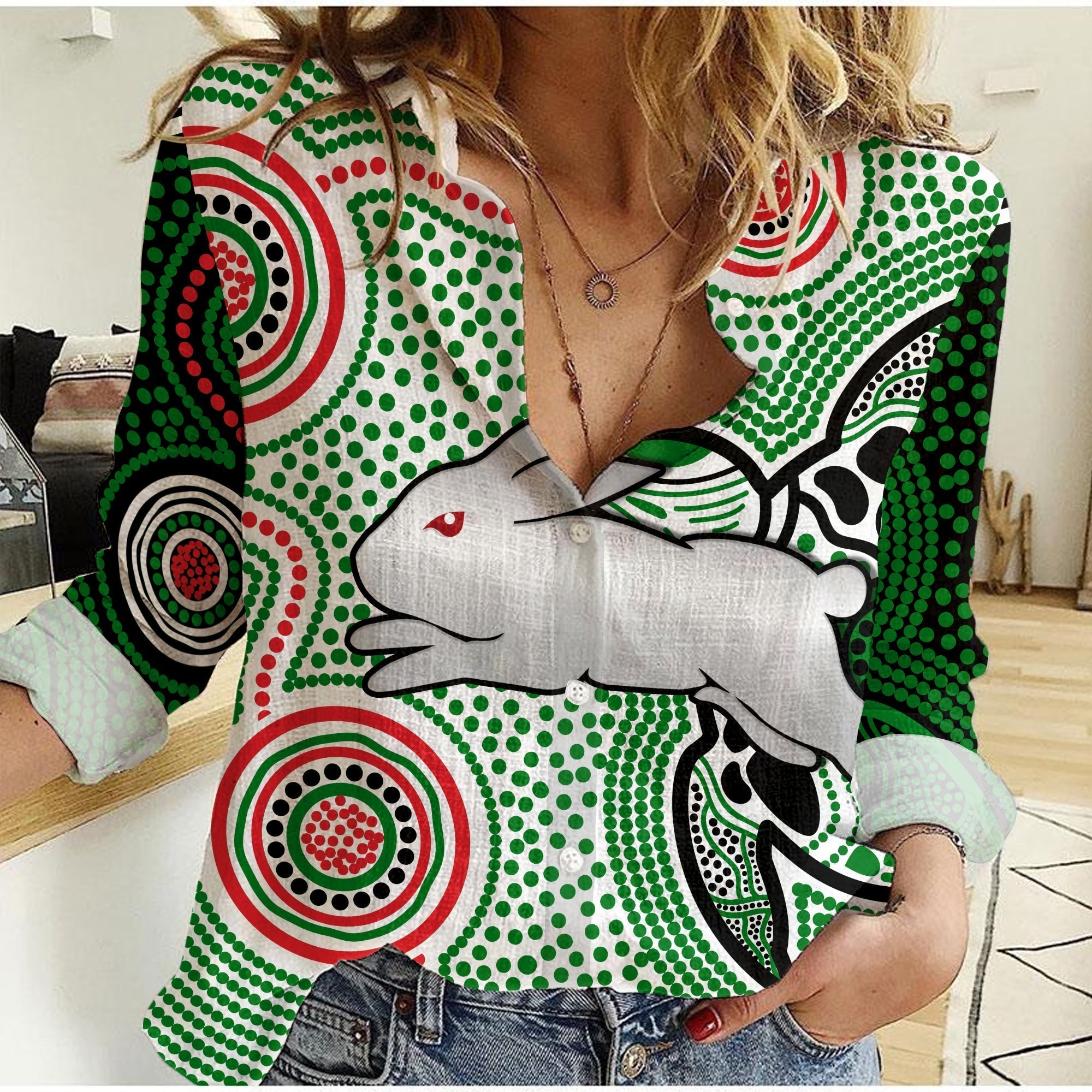 (Custom Personalised) Rabbitohs Indigenous Women Casual Shirt Simple White - Vibe Hoodie Shop