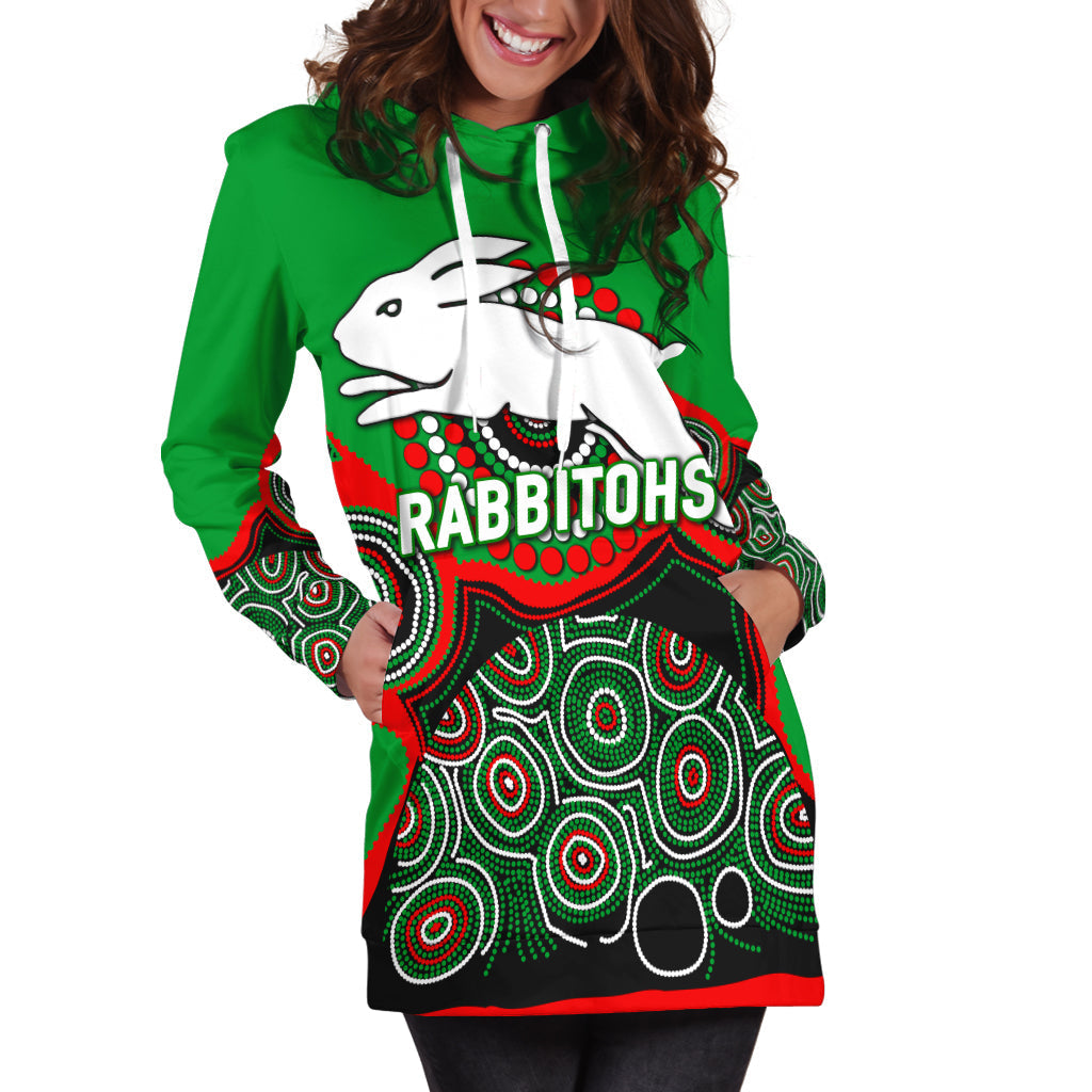 Rabbitohs Rugby 2022 Aboriginal Art Hoodie Dress - - Vibe Hoodie Shop