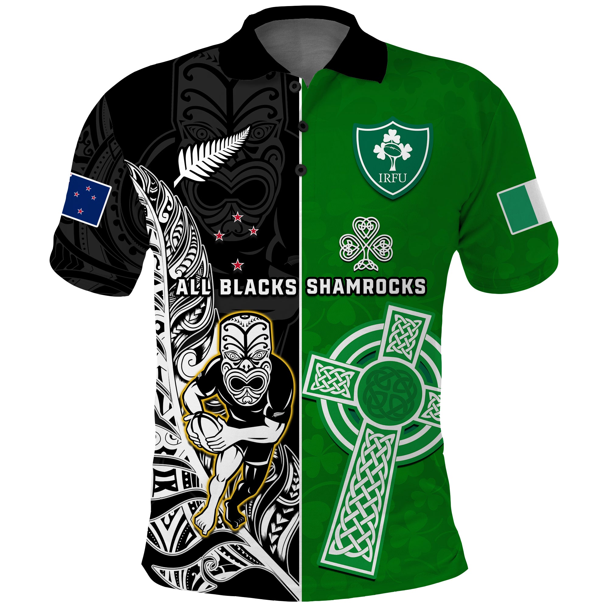 (Custom Personalised) New Zealand And Ireland Rugby Polo Shirt All Black Maori Mix Shamrocks - Vibe Hoodie Shop