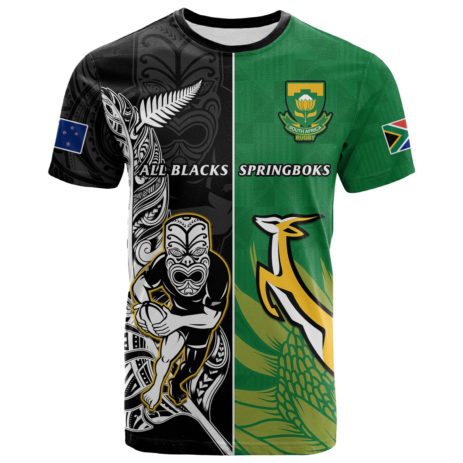 (Custom Personalised) New Zealand And South Africa Rugby T Shirt All Black Maori Mix Springboks - Vibe Hoodie Shop