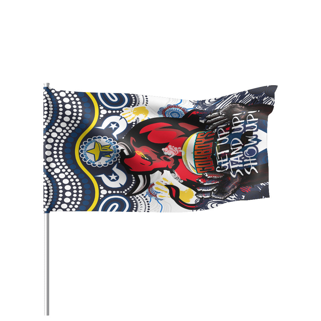 Cowboys Rugby Naidoc Week Flag - Custom Indigenous North Queensland Cowboys Getting Up, Standing Up, and Showing Up Flag - Vibe Hoodie Shop