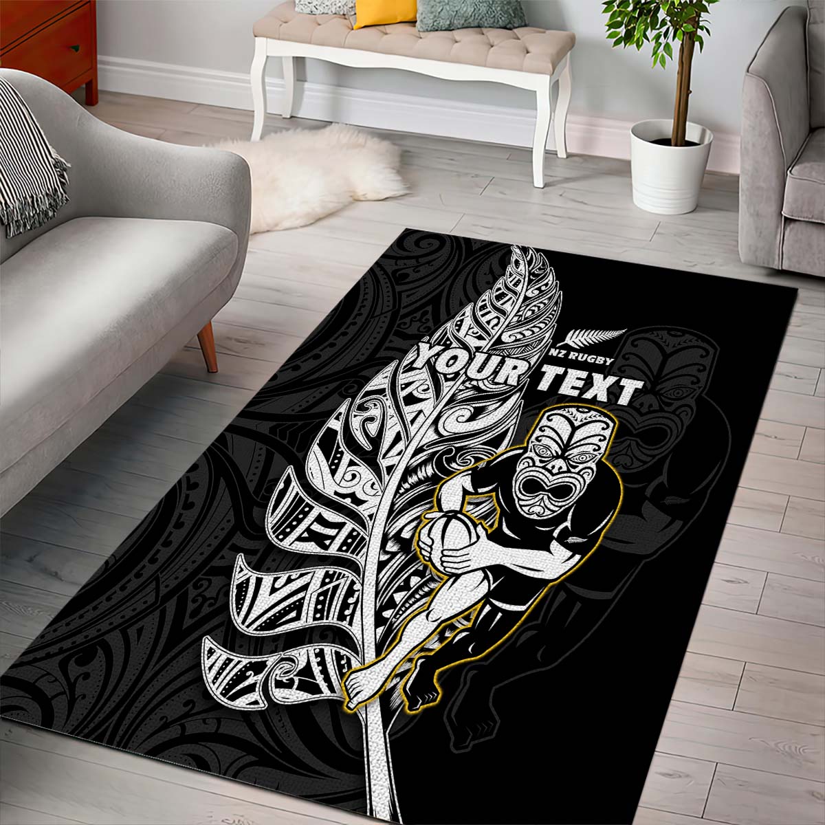 (Custom Personalised) New Zealand Silver Fern Rugby Area Rug All Black Maori Version Black - Vibe Hoodie Shop