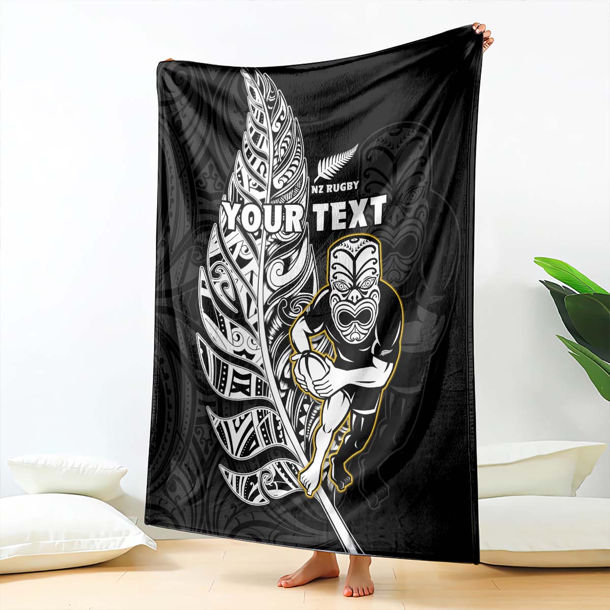 (Custom Personalised) New Zealand Silver Fern Rugby Premium Blanket All Black Maori Version Black - Vibe Hoodie Shop