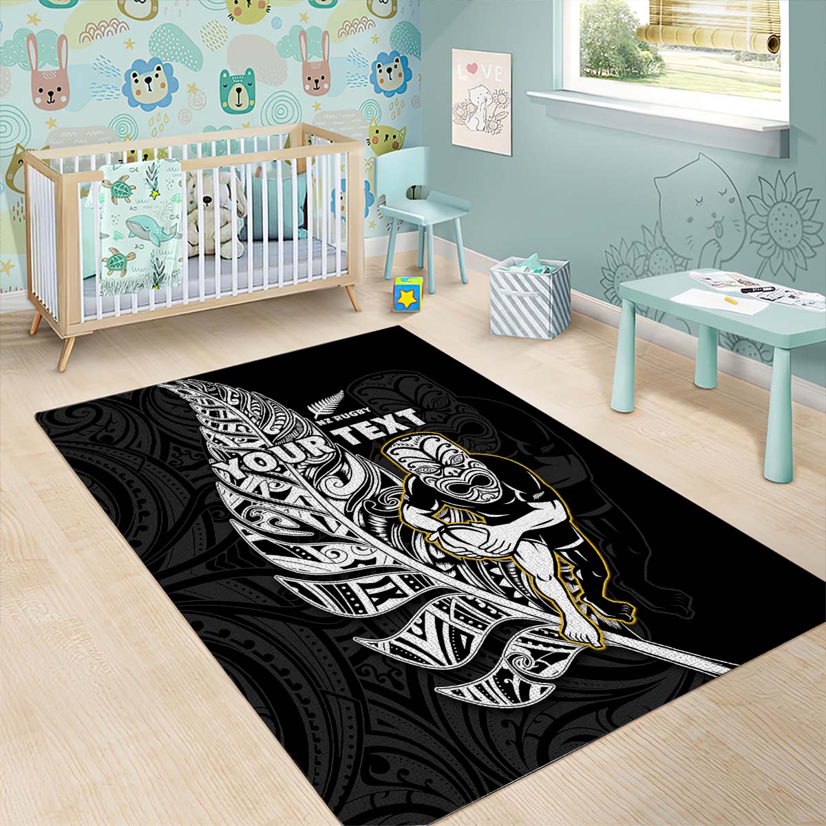 (Custom Personalised) New Zealand Silver Fern Rugby Area Rug All Black Maori Version Black - Vibe Hoodie Shop