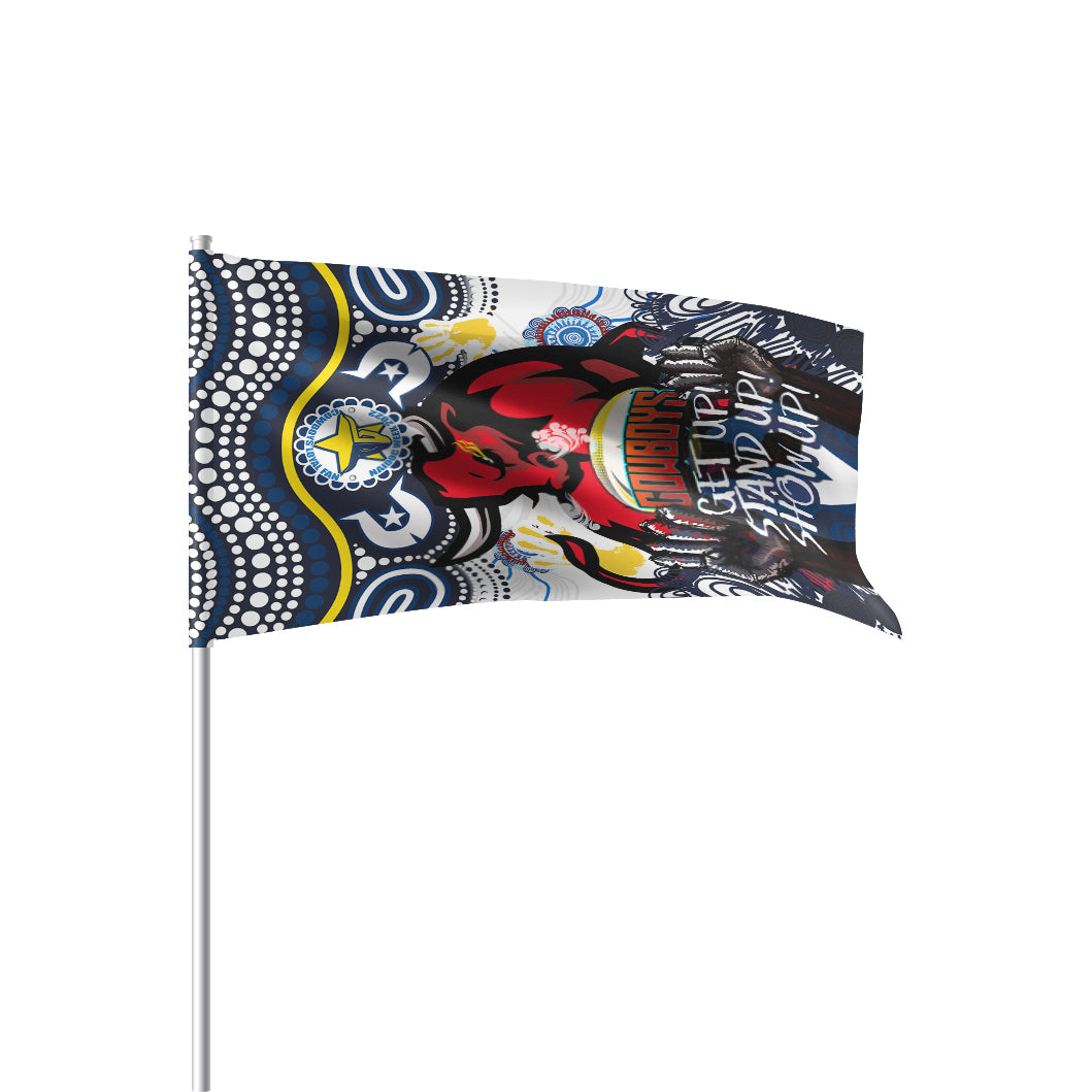 Cowboys Rugby Naidoc Week Flag - Custom Indigenous North Queensland Cowboys Getting Up, Standing Up, and Showing Up Flag - Vibe Hoodie Shop
