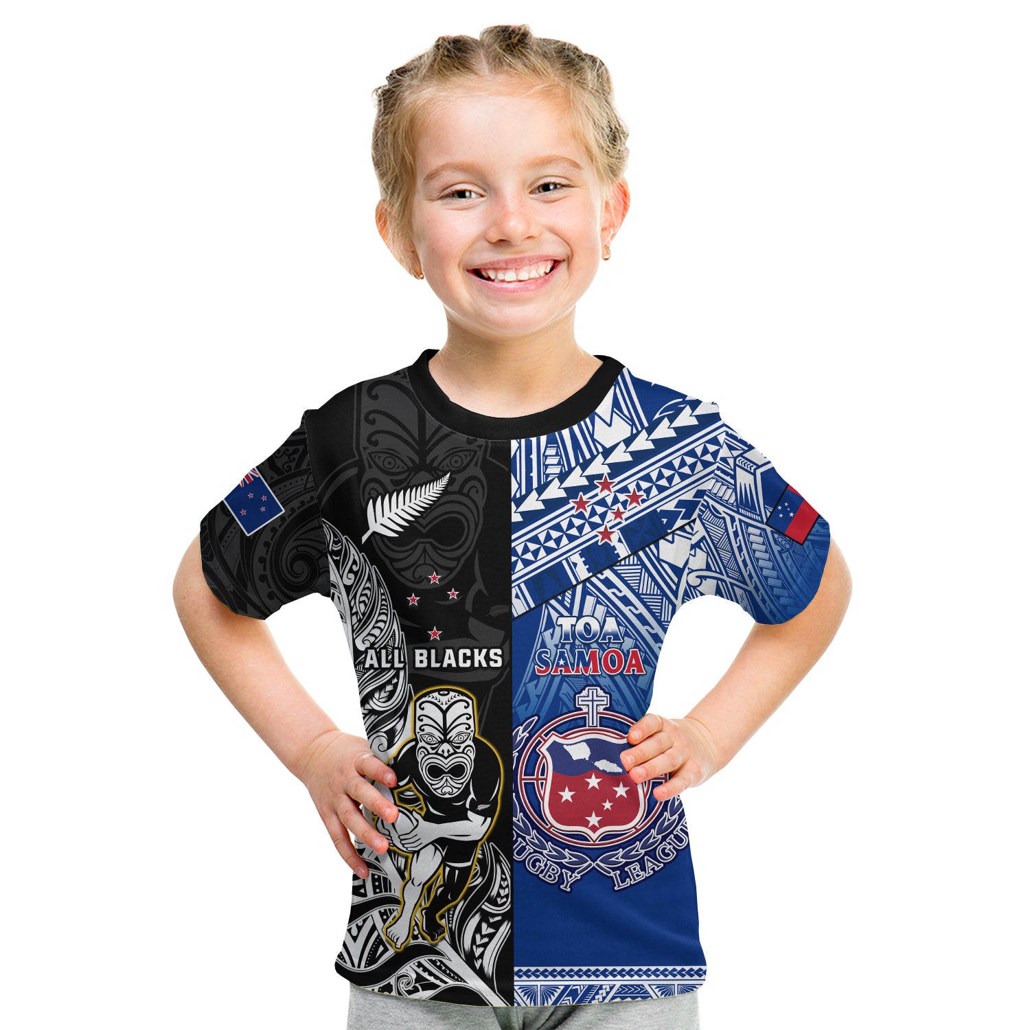 (Custom Personalised) All Black And Toa Samoa Rugby T Shirt KID NZ Maori Fern Mix Polynesian - Vibe Hoodie Shop