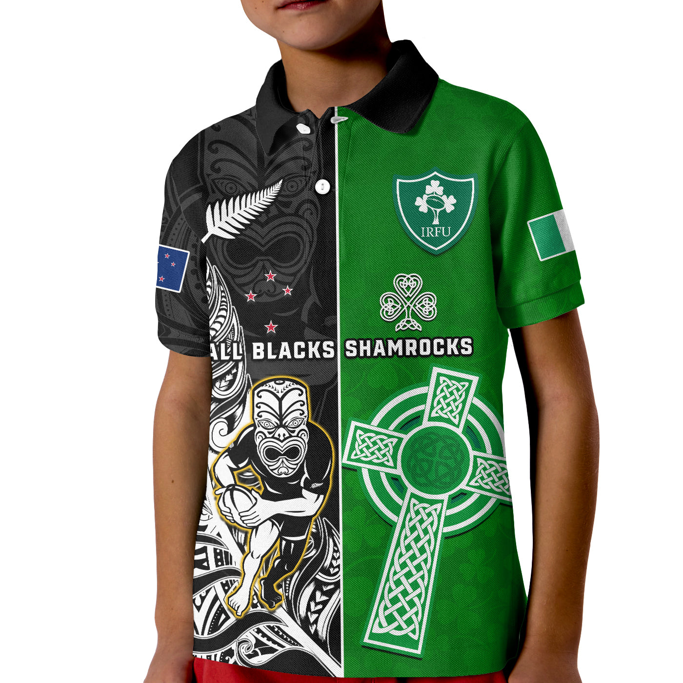 (Custom Personalised) New Zealand And Ireland Rugby Polo Shirt KID All Black Maori Mix Shamrocks - Vibe Hoodie Shop