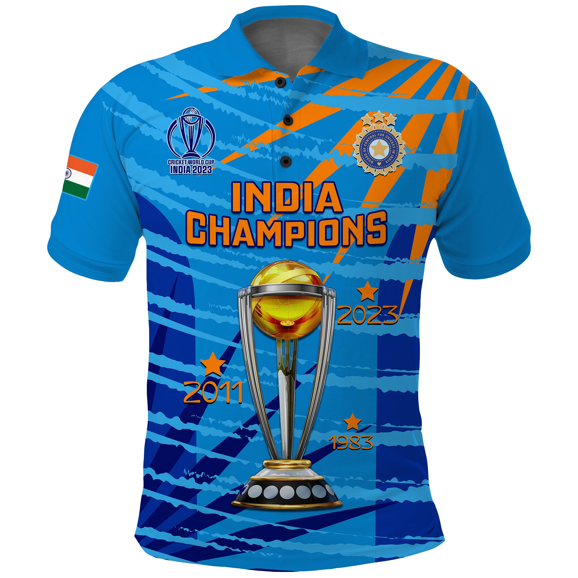 Custom India Cricket Polo Shirt Men In Blue 3rd Champions World Cup Trophy - Vibe Hoodie Shop