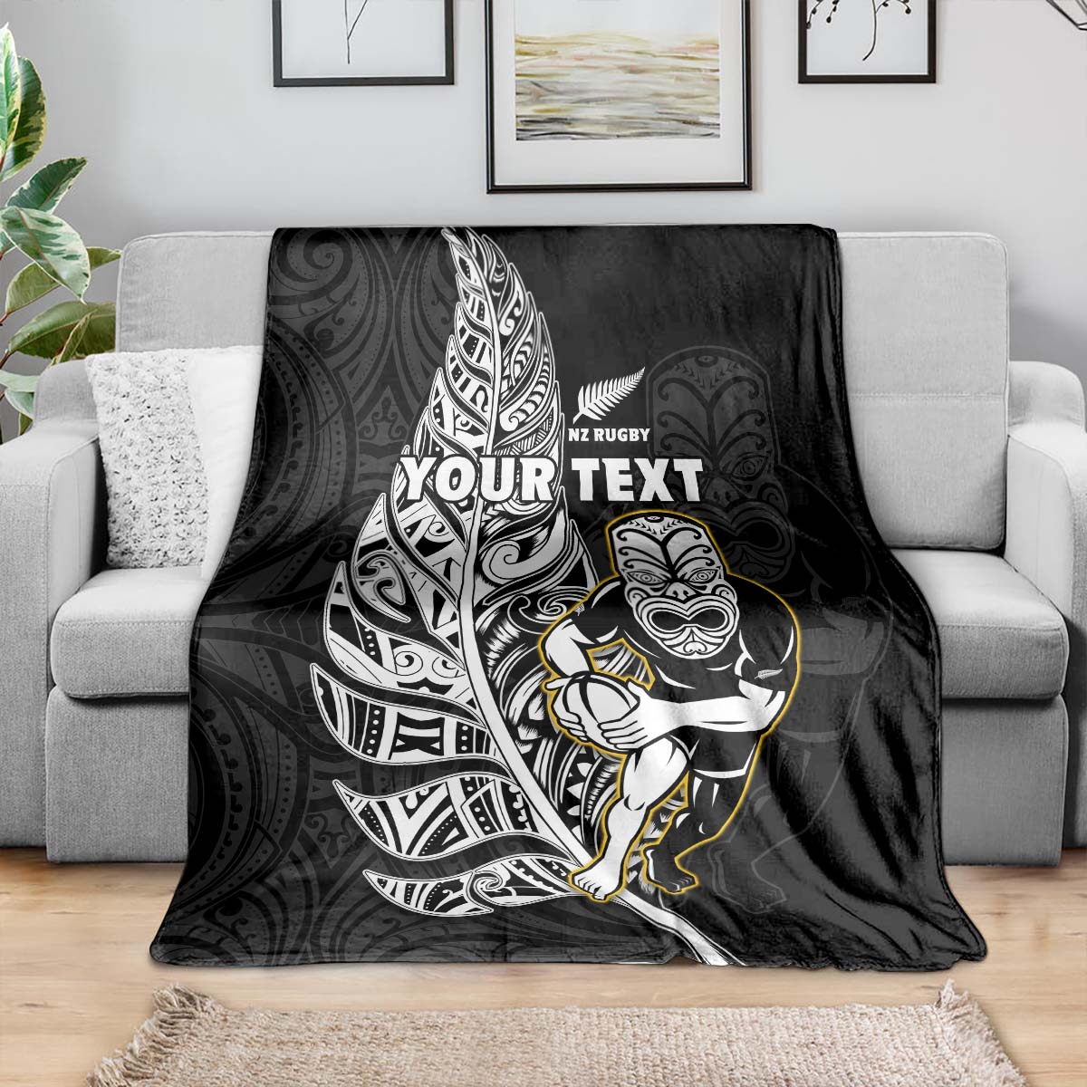 (Custom Personalised) New Zealand Silver Fern Rugby Premium Blanket All Black Maori Version Black - Vibe Hoodie Shop