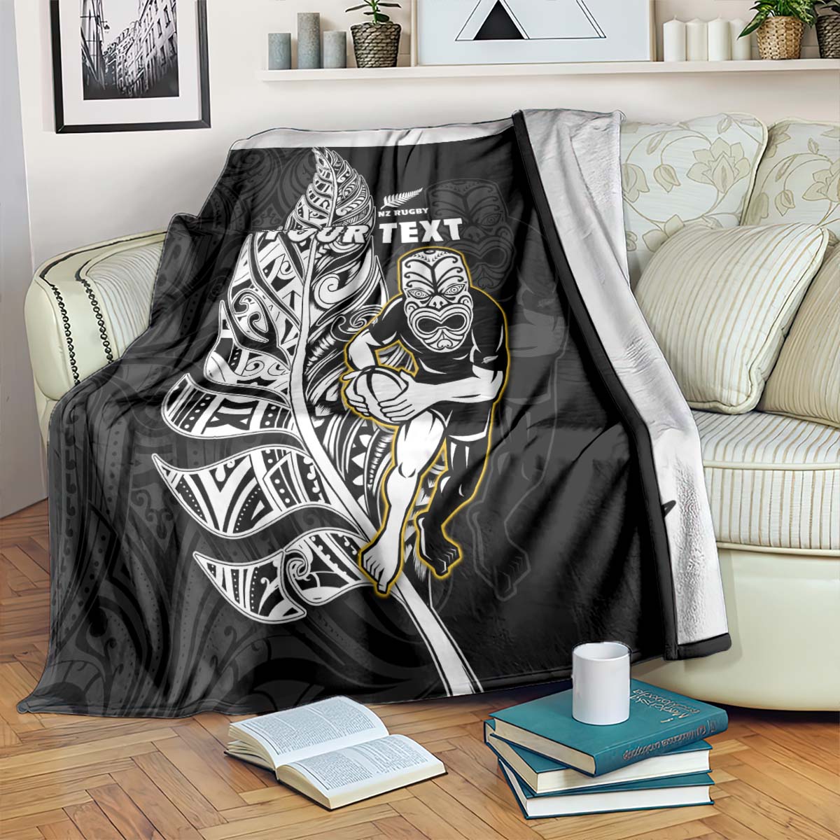 (Custom Personalised) New Zealand Silver Fern Rugby Premium Blanket All Black Maori Version Black - Vibe Hoodie Shop